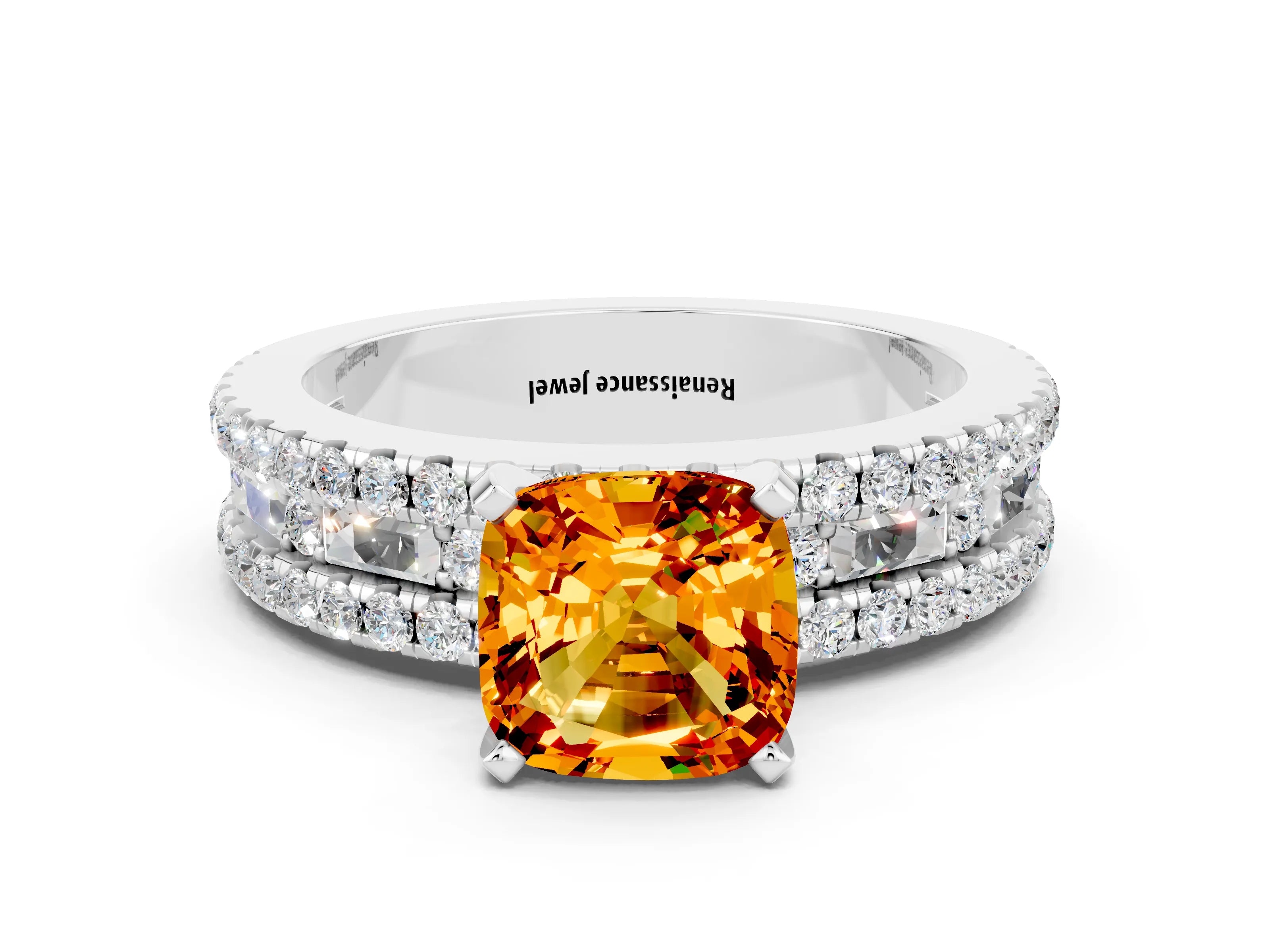 White gold Cushion Cut Citrine Solitaire Ring with Pavé and Channel Set Band_24