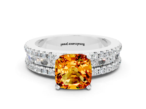 White gold Cushion Cut Citrine Solitaire Ring with Pavé and Channel Set Band_24