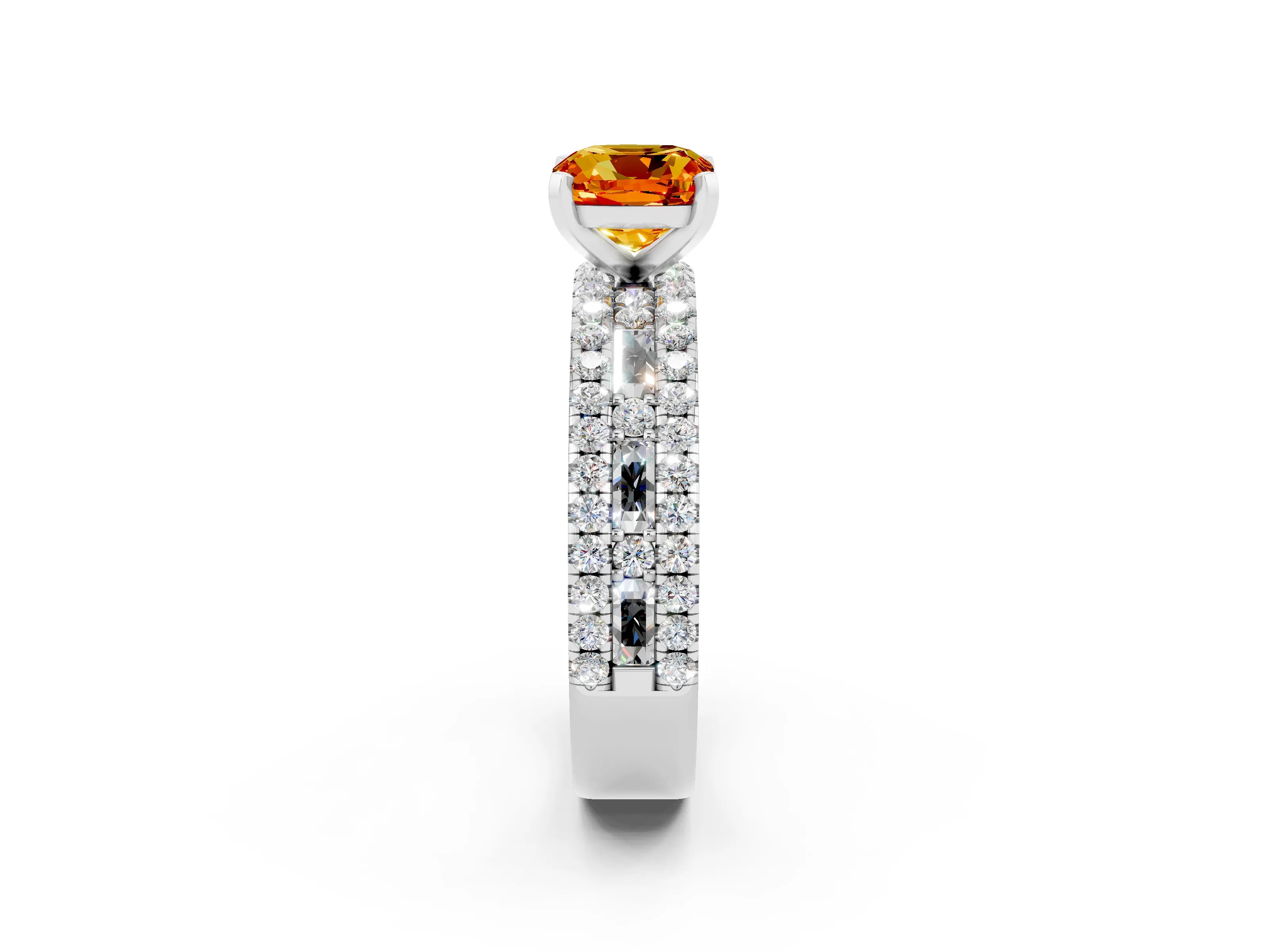 White gold Cushion Cut Citrine Solitaire Ring with Pavé and Channel Set Band_26