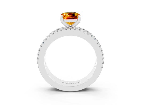 Platinum Cushion Cut Citrine Solitaire Ring with Pavé and Channel Set Band