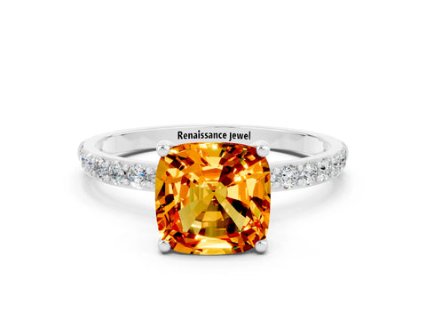White gold Cushion Cut Citrine Solitaire Ring with Pave Band and Four Prong Setting_24