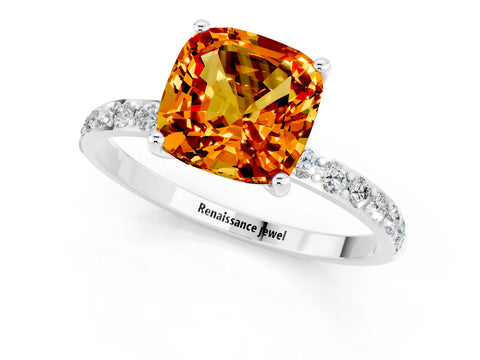 White gold Cushion Cut Citrine Solitaire Ring with Pave Band and Four Prong Setting_25