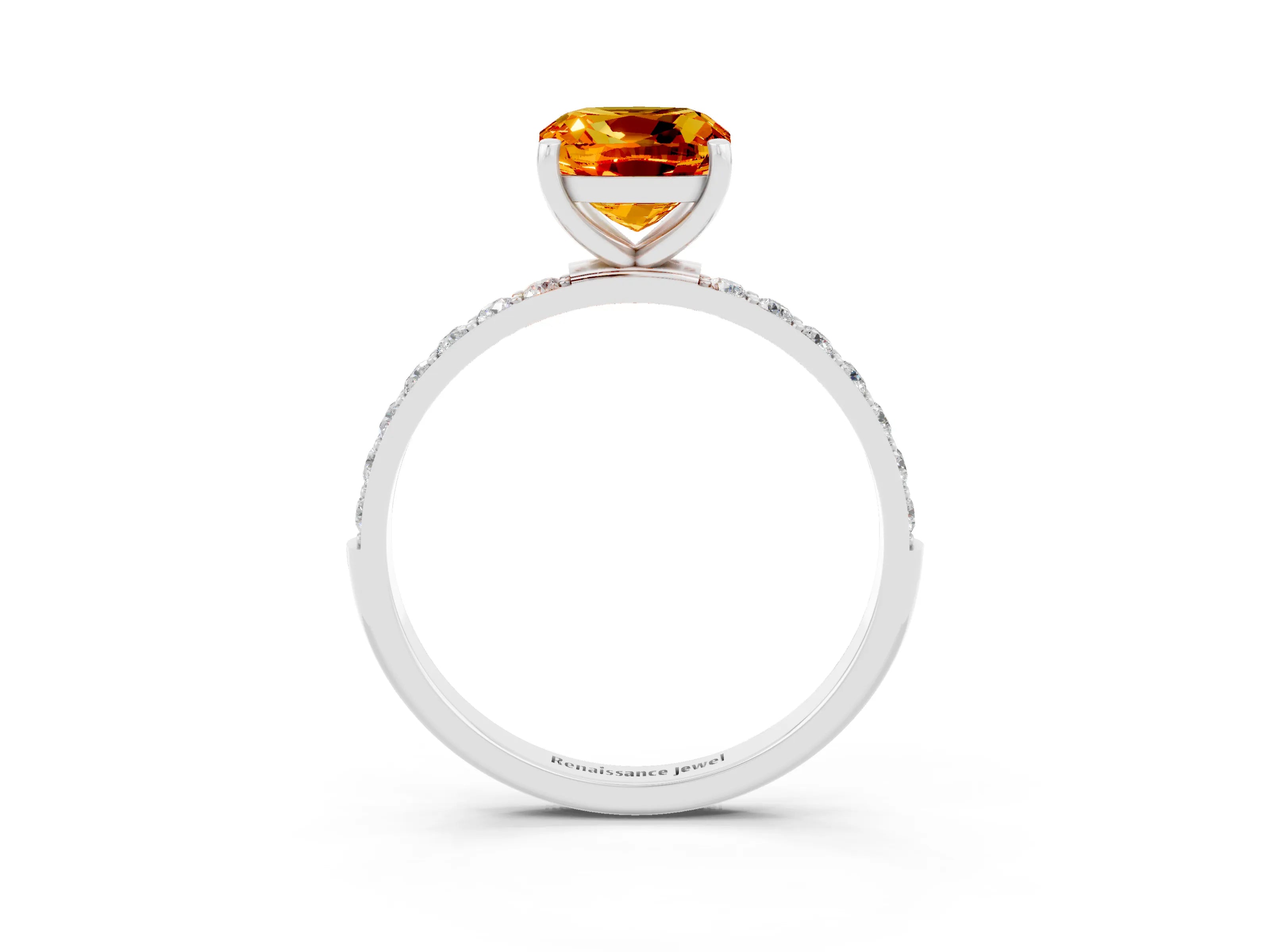 White gold Cushion Cut Citrine Solitaire Ring with Pave Band and Four Prong Setting_27
