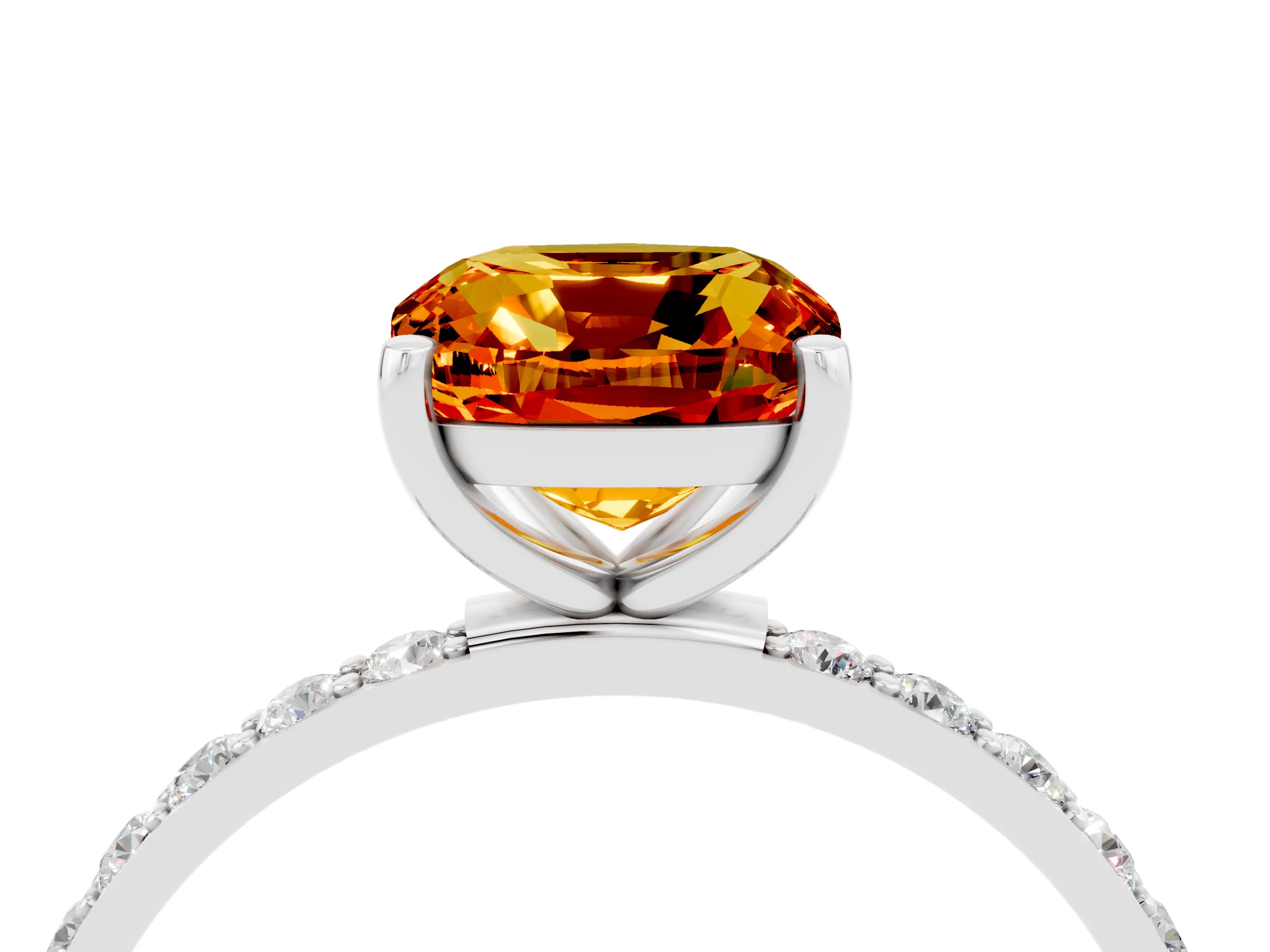 White gold Cushion Cut Citrine Solitaire Ring with Pave Band and Four Prong Setting_28