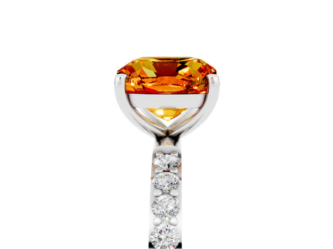 White gold Cushion Cut Citrine Solitaire Ring with Pave Band and Four Prong Setting_29