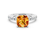 White gold Cushion Cut Citrine Solitaire Ring with Round  Pavé Band and Four-Prong Setting_60