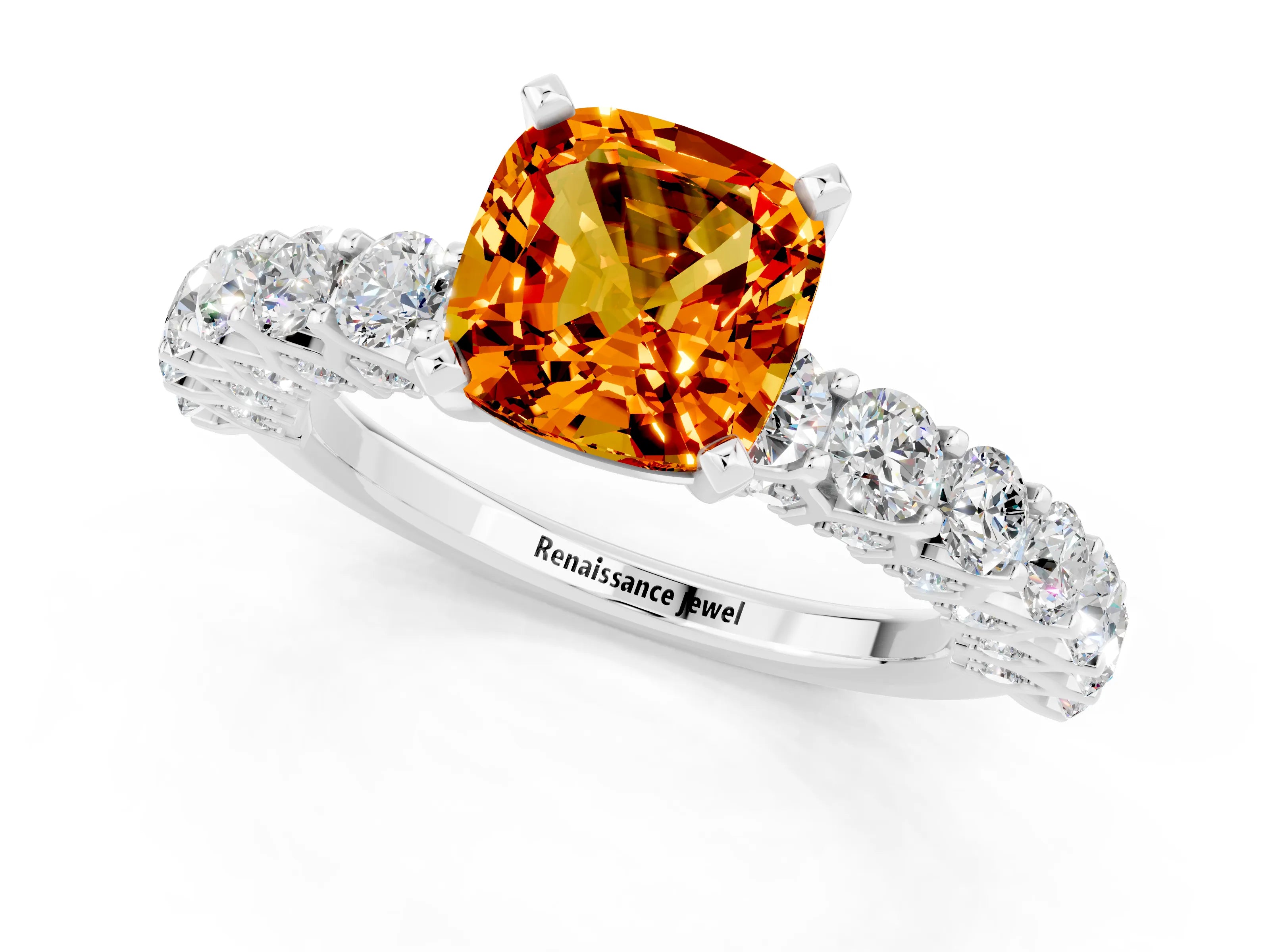 White gold Cushion Cut Citrine Solitaire Ring with Shared Prong Pavé Band and Four-Prong Setting_1