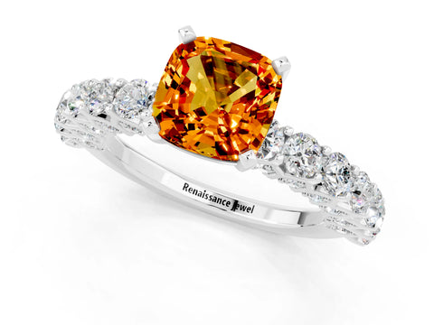White gold Cushion Cut Citrine Solitaire Ring with Shared Prong Pavé Band and Four-Prong Setting_1