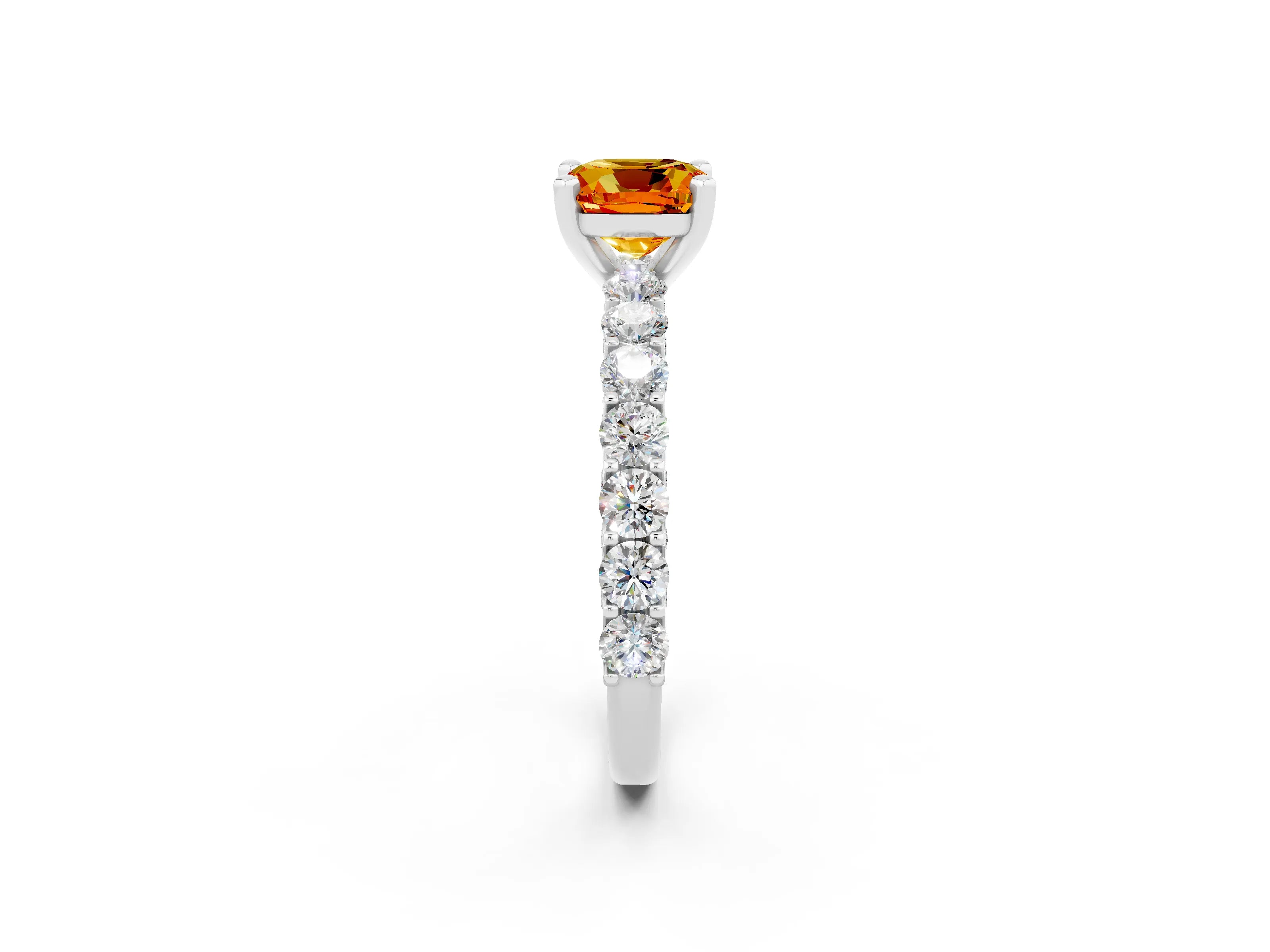 White gold Cushion Cut Citrine Solitaire Ring with Shared Prong Pavé Band and Four-Prong Setting_2