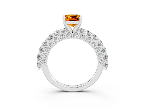 Platinum Cushion Cut Citrine Solitaire Ring with Shared Prong Pavé Band and Four-Prong Setting