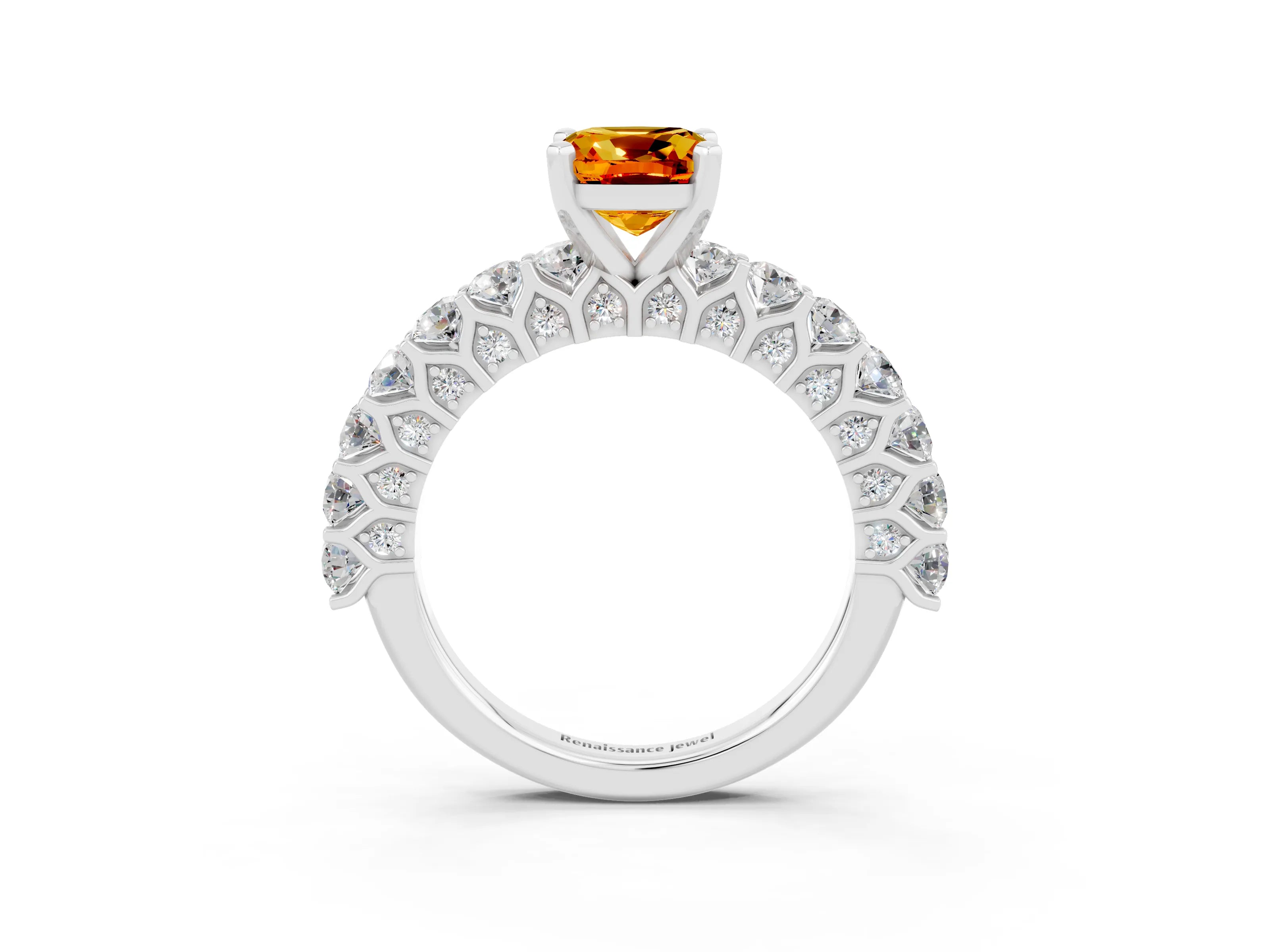 White gold Cushion Cut Citrine Solitaire Ring with Shared Prong Pavé Band and Four-Prong Setting_3