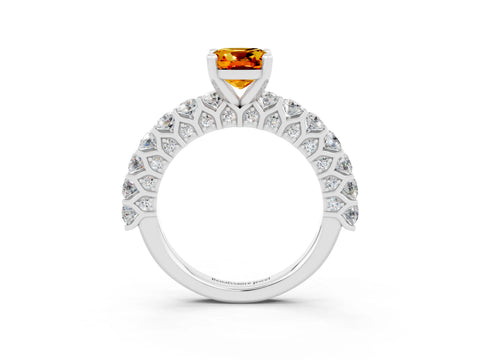 White gold Cushion Cut Citrine Solitaire Ring with Shared Prong Pavé Band and Four-Prong Setting_3