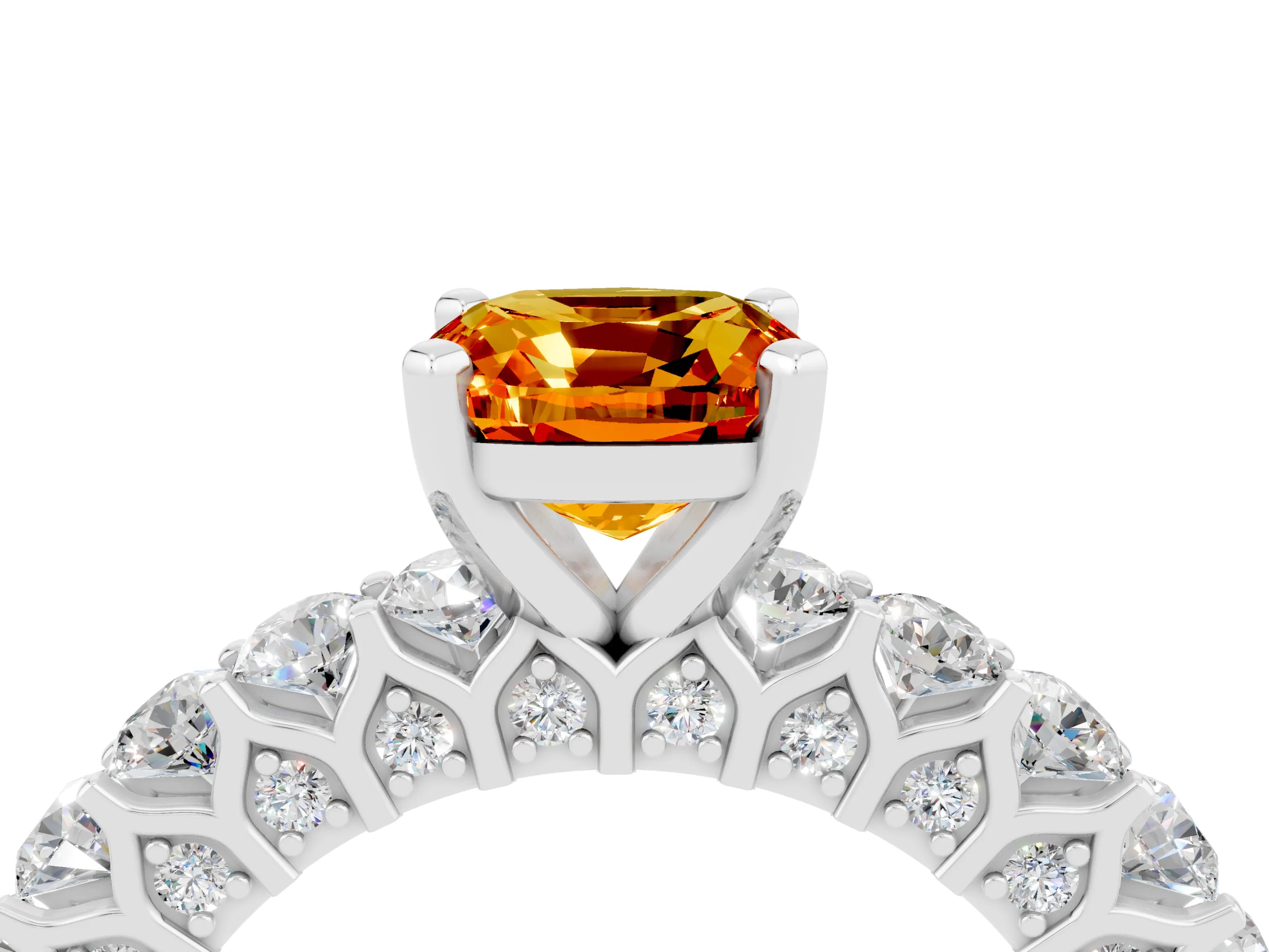 White gold Cushion Cut Citrine Solitaire Ring with Shared Prong Pavé Band and Four-Prong Setting_4
