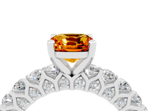 White gold Cushion Cut Citrine Solitaire Ring with Shared Prong Pavé Band and Four-Prong Setting_4