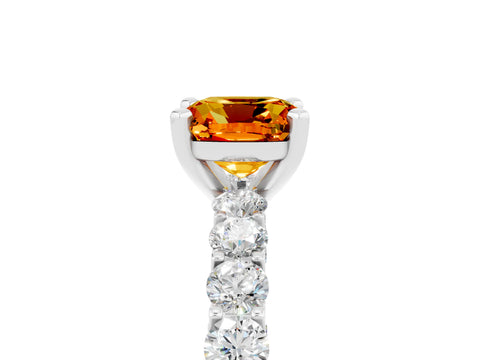 White gold Cushion Cut Citrine Solitaire Ring with Shared Prong Pavé Band and Four-Prong Setting_5