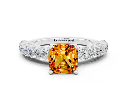 White gold Cushion Cut Citrine Solitaire Ring with Shared Prong Pavé Band and Four-Prong Setting
