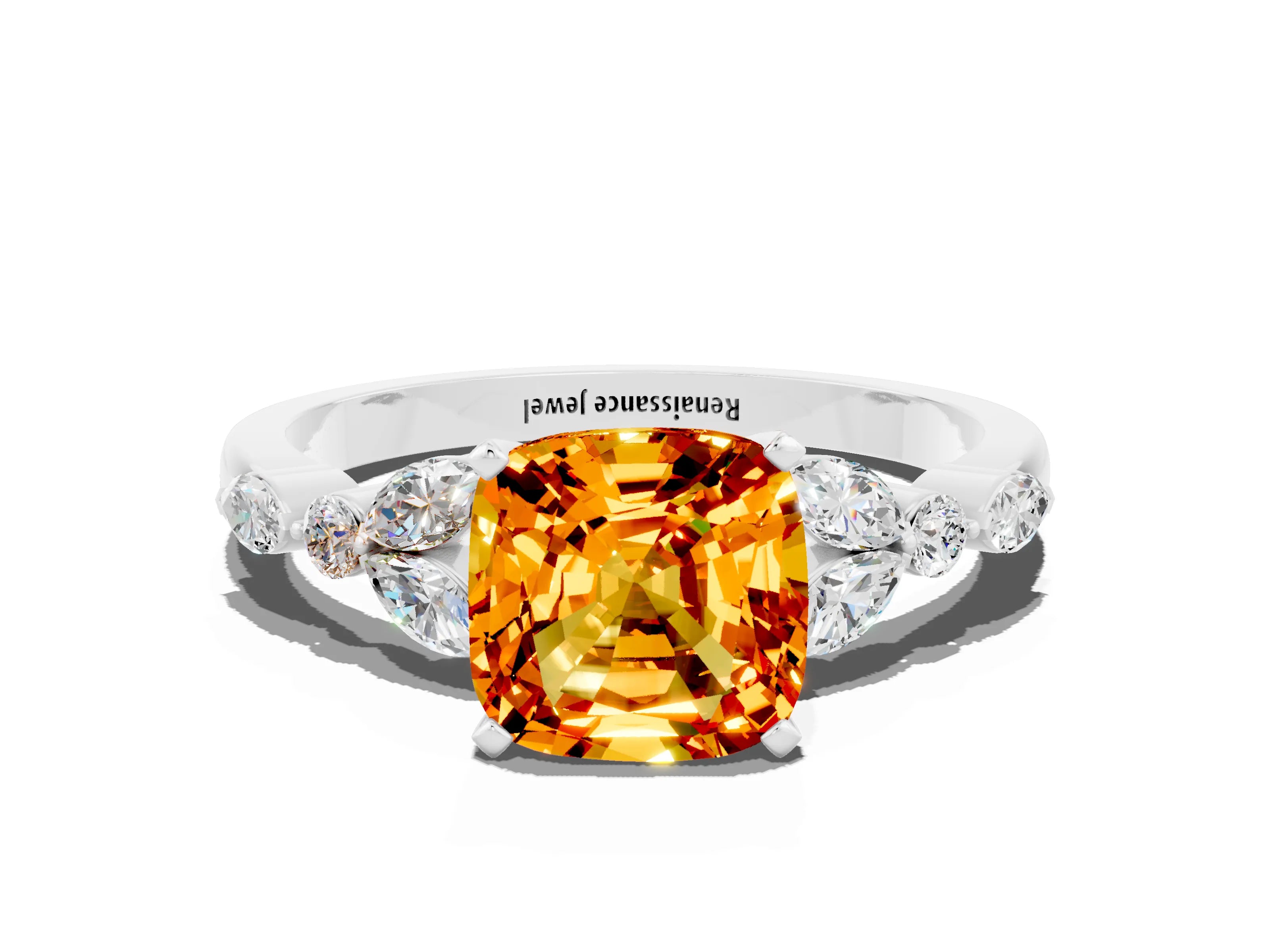 White gold Cushion Cut Citrine Solitaire Ring with Side Stones and Four-Prong Setting_24