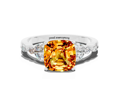 White gold Cushion Cut Citrine Solitaire Ring with Side Stones and Four-Prong Setting_24