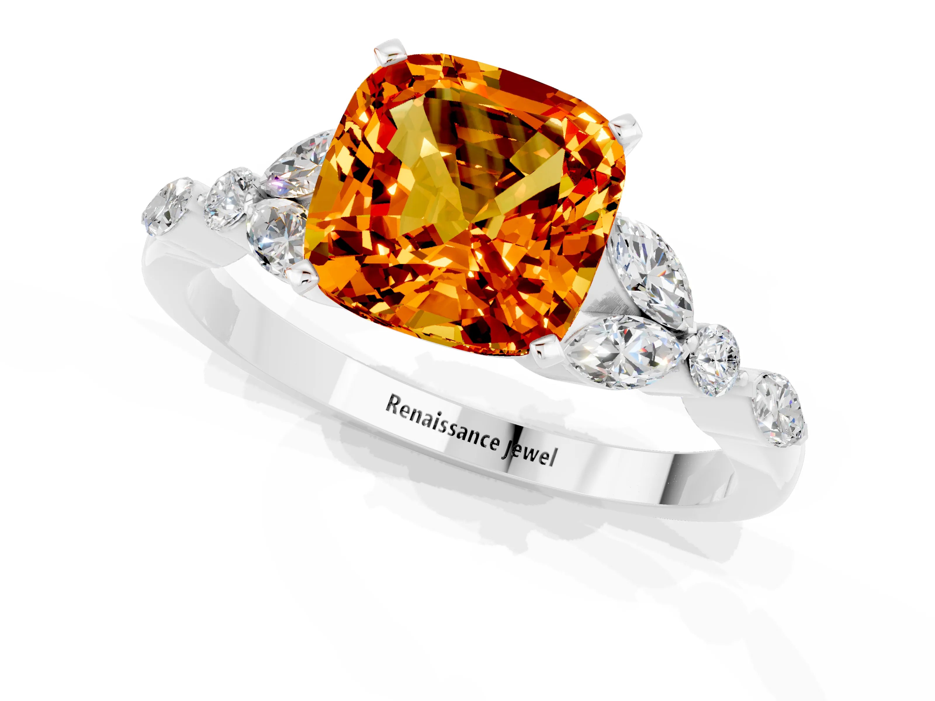 White gold Cushion Cut Citrine Solitaire Ring with Side Stones and Four-Prong Setting_25