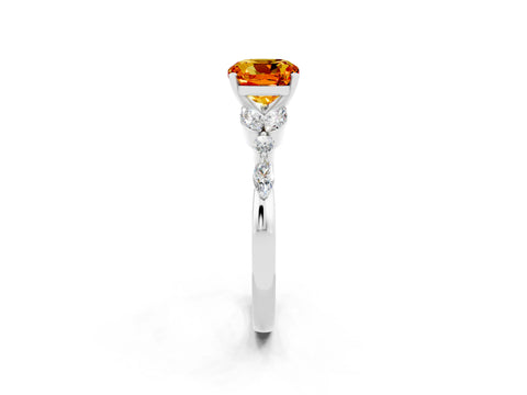 White gold Cushion Cut Citrine Solitaire Ring with Side Stones and Four-Prong Setting_26