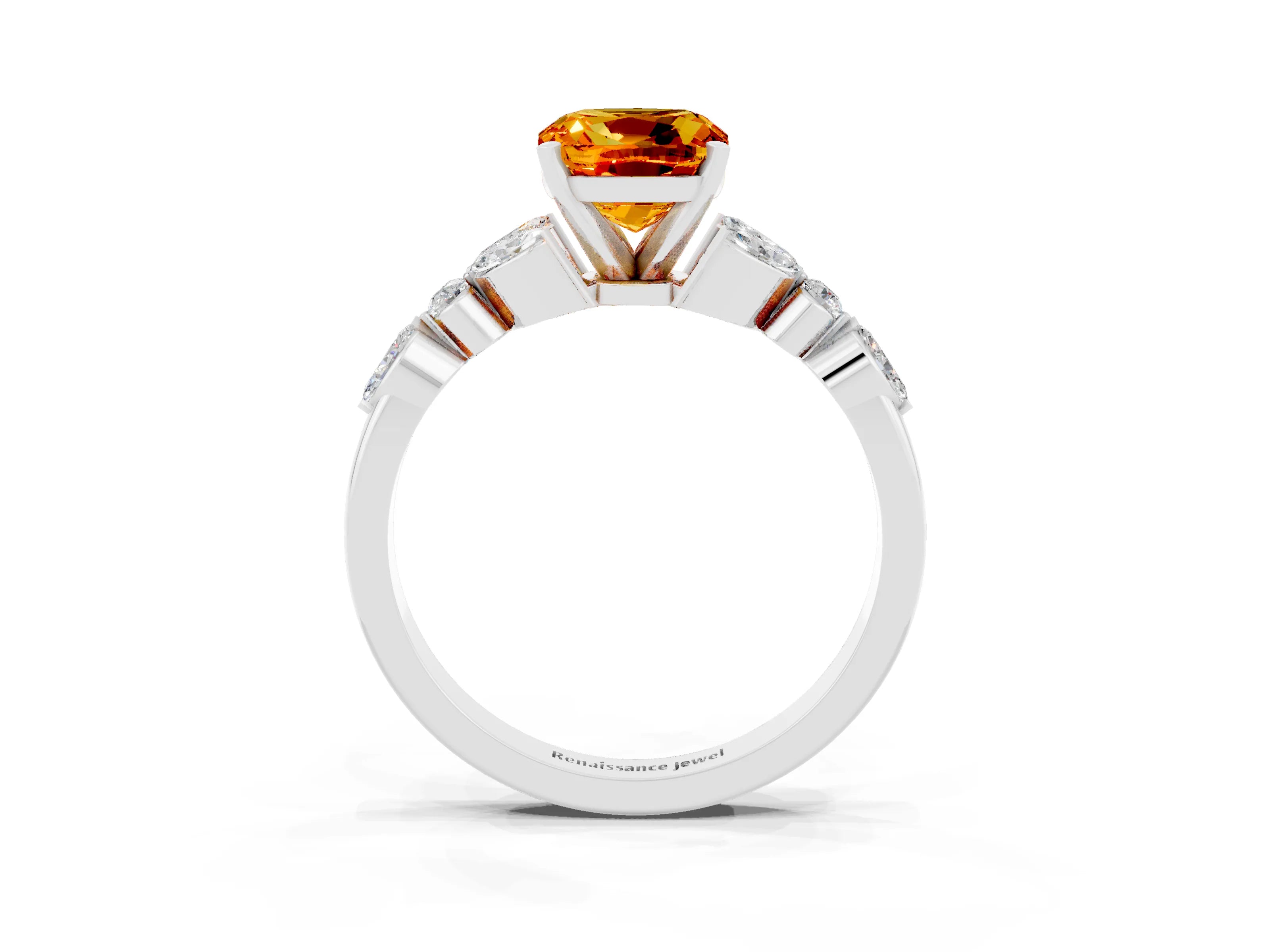 White gold Cushion Cut Citrine Solitaire Ring with Side Stones and Four-Prong Setting_27