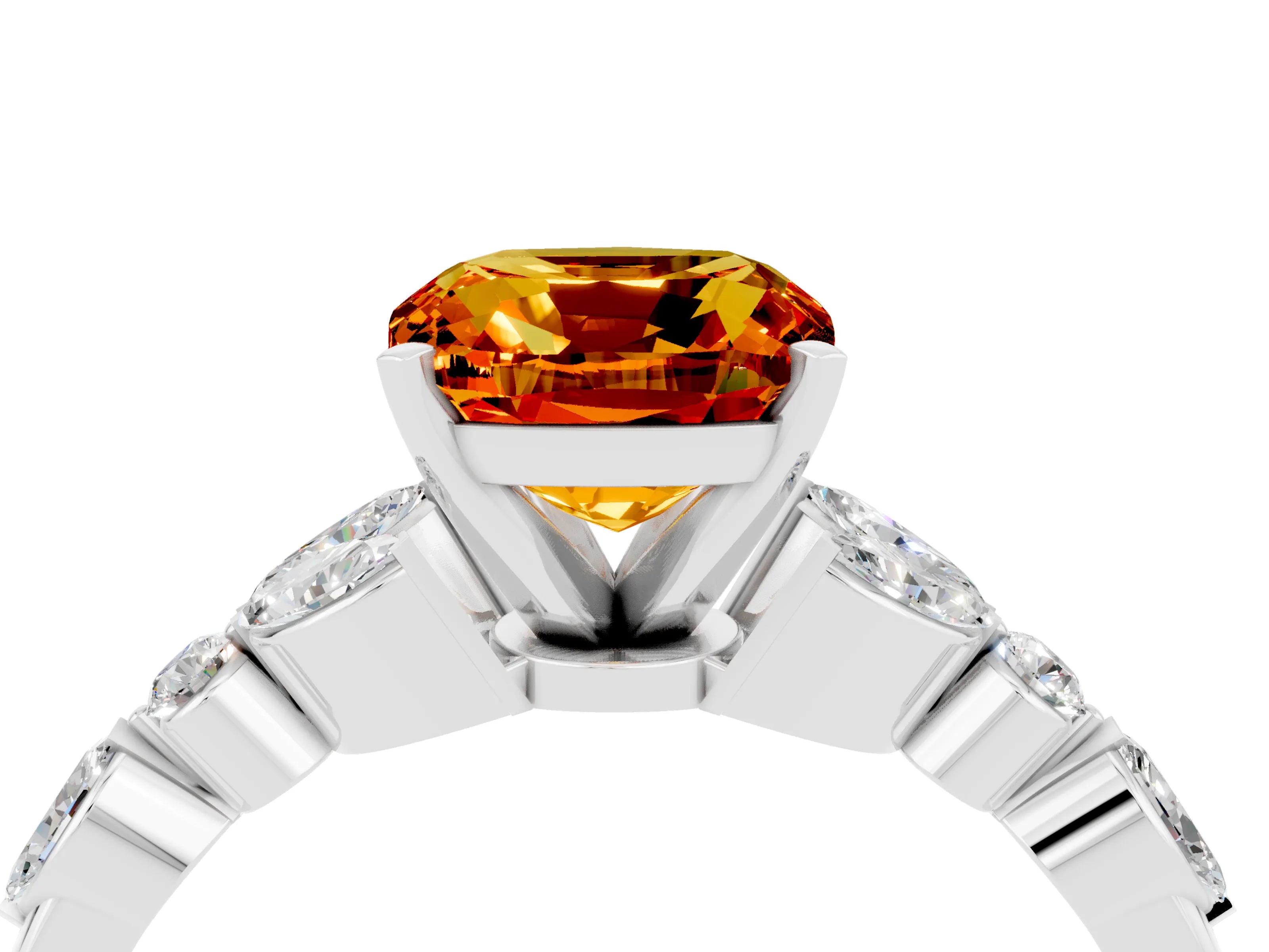 White gold Cushion Cut Citrine Solitaire Ring with Side Stones and Four-Prong Setting_28