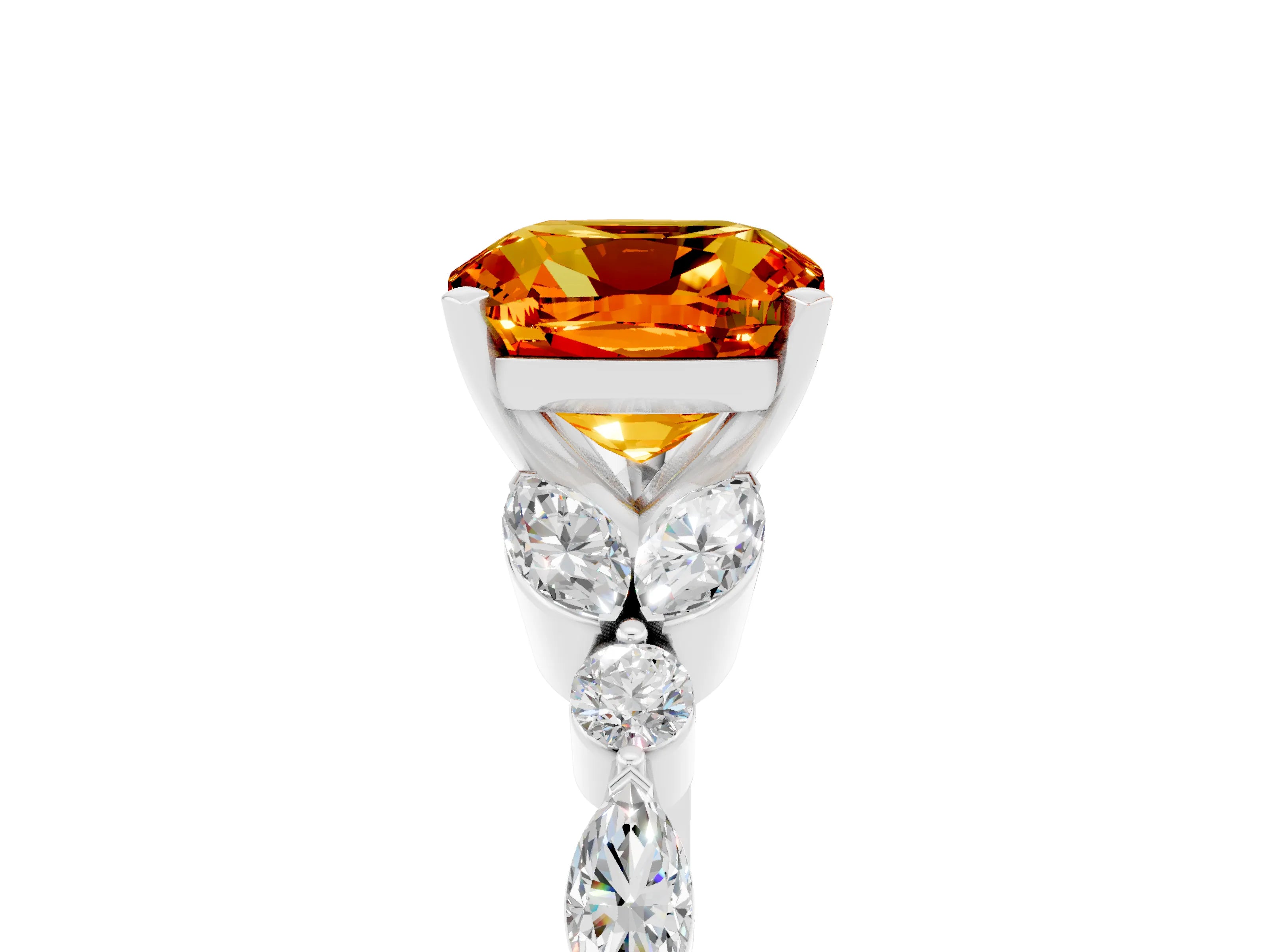 White gold Cushion Cut Citrine Solitaire Ring with Side Stones and Four-Prong Setting_29