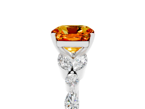 White gold Cushion Cut Citrine Solitaire Ring with Side Stones and Four-Prong Setting_29