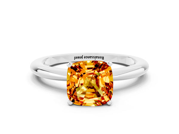 White gold Cushion Cut Citrine Solitaire Ring with Six-Prong Setting and Classic Band