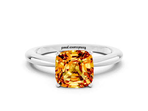 White gold Cushion Cut Citrine Solitaire Ring with Six-Prong Setting and Classic Band_12
