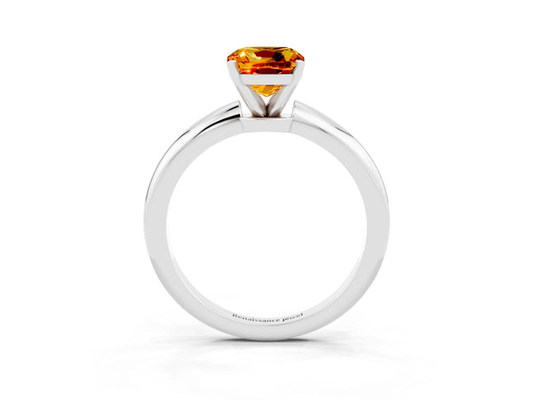White gold Cushion Cut Citrine Solitaire Ring with Six-Prong Setting and Classic Band