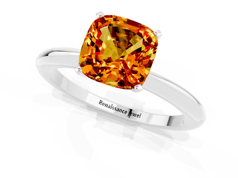 White gold Cushion Cut Citrine Solitaire Ring with Six-Prong Setting and Classic Band_1