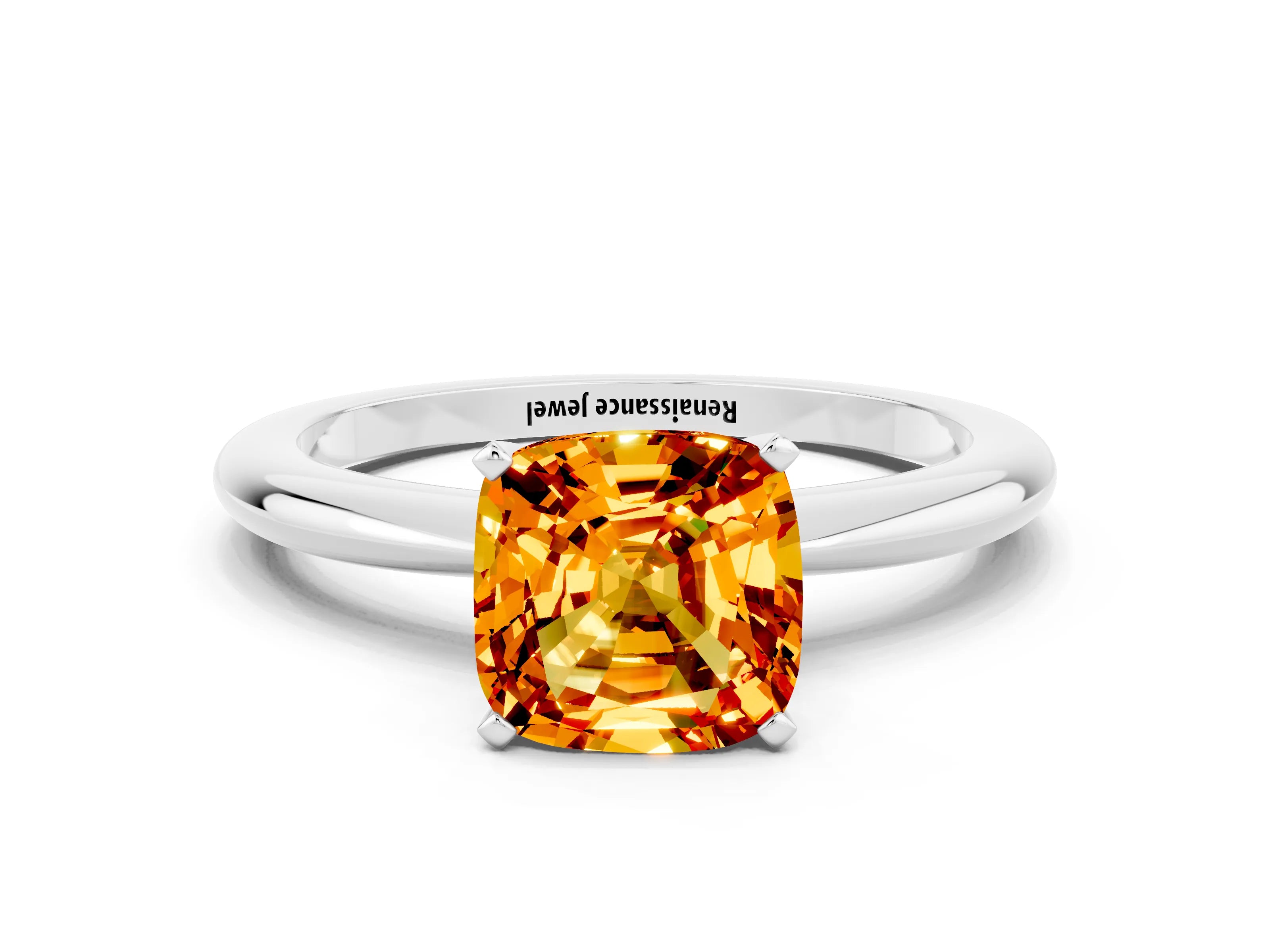 White gold Cushion Cut Citrine Solitaire Ring with Six-Prong Setting and Classic Band