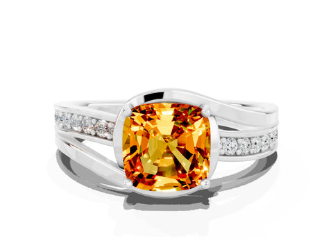 White gold Cushion Cut Citrine Solitaire Ring with Split Shank and Prong Setting