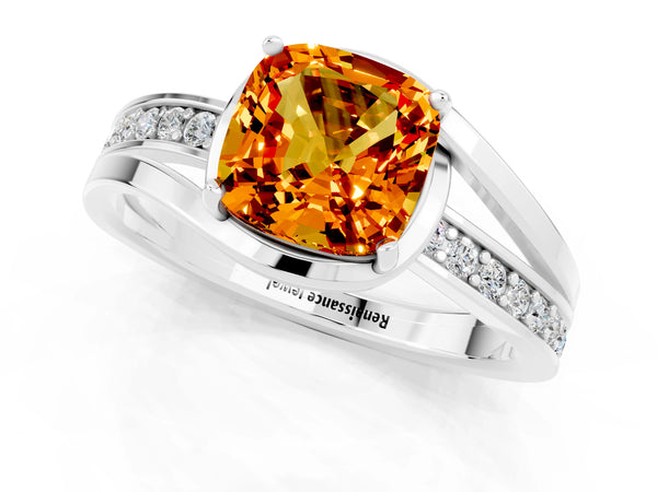 White gold Cushion Cut Citrine Solitaire Ring with Split Shank and Prong Setting