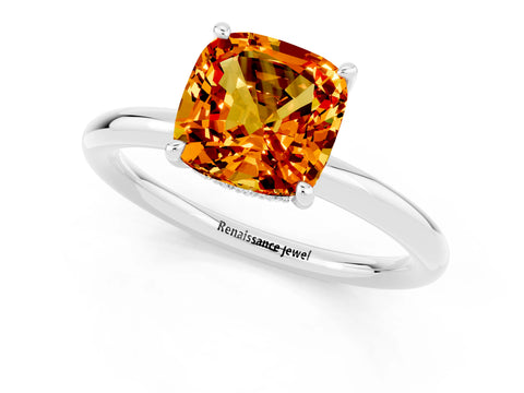 White gold Cushion Cut Citrine Solitaire Ring with Thin Band and Four-Prong Setting_1