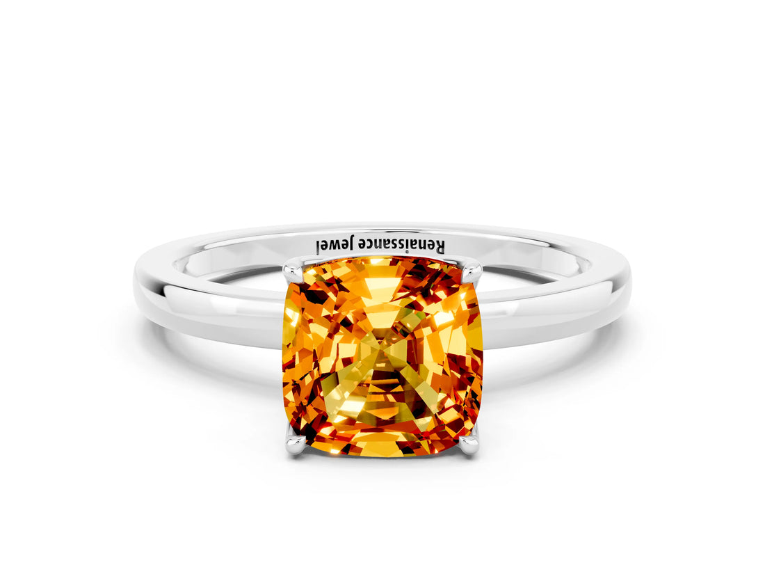 White gold Cushion Cut Citrine Solitaire Ring with Thin Band and Prong Setting_12