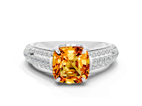 White gold Cushion Cut Citrine Solitaire Ring with Three-Row Pavé Band and Four-Prong Setting_12