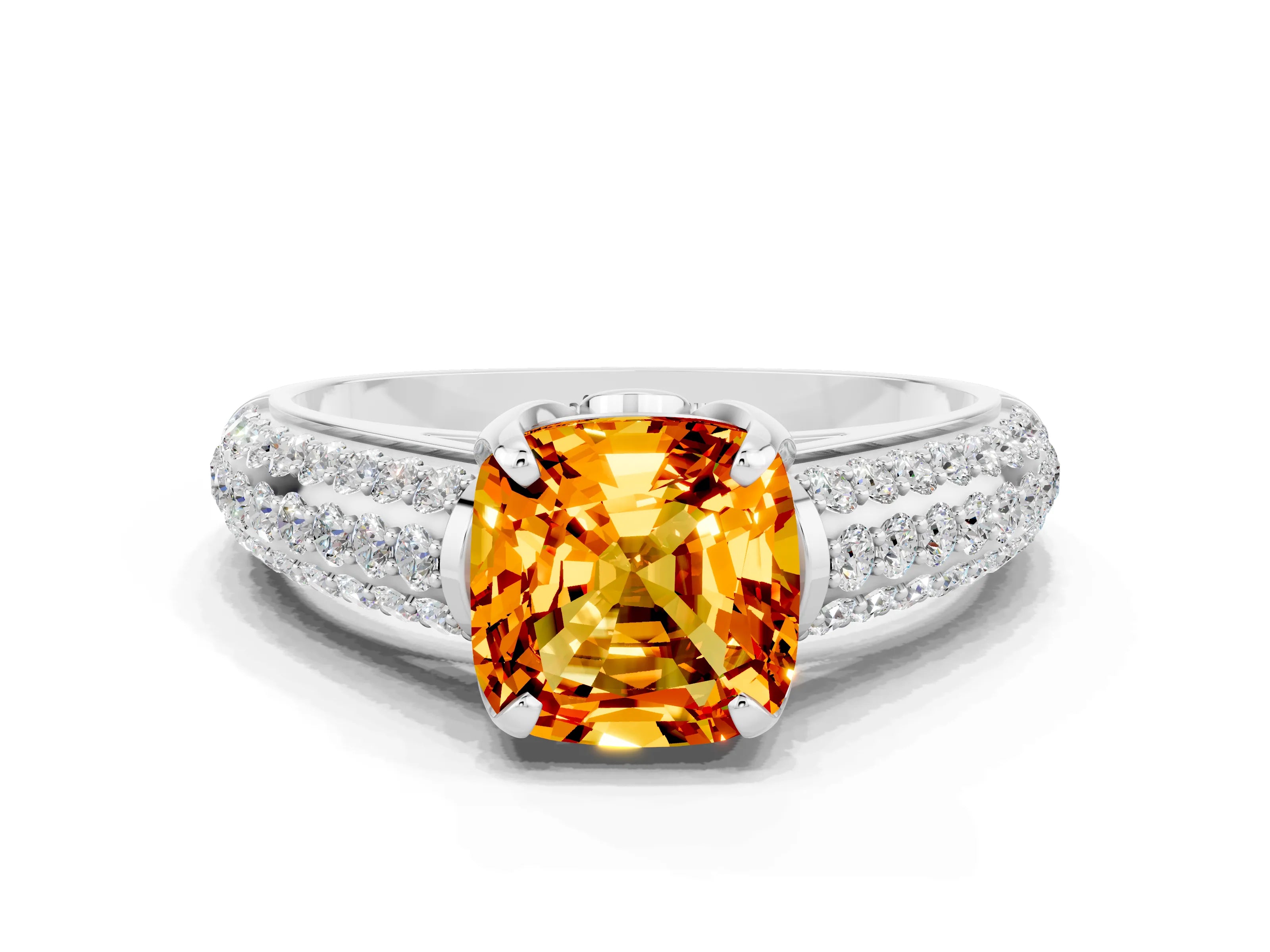 White gold Cushion Cut Citrine Solitaire Ring with Three-Row Pavé Band and Four-Prong Setting_12