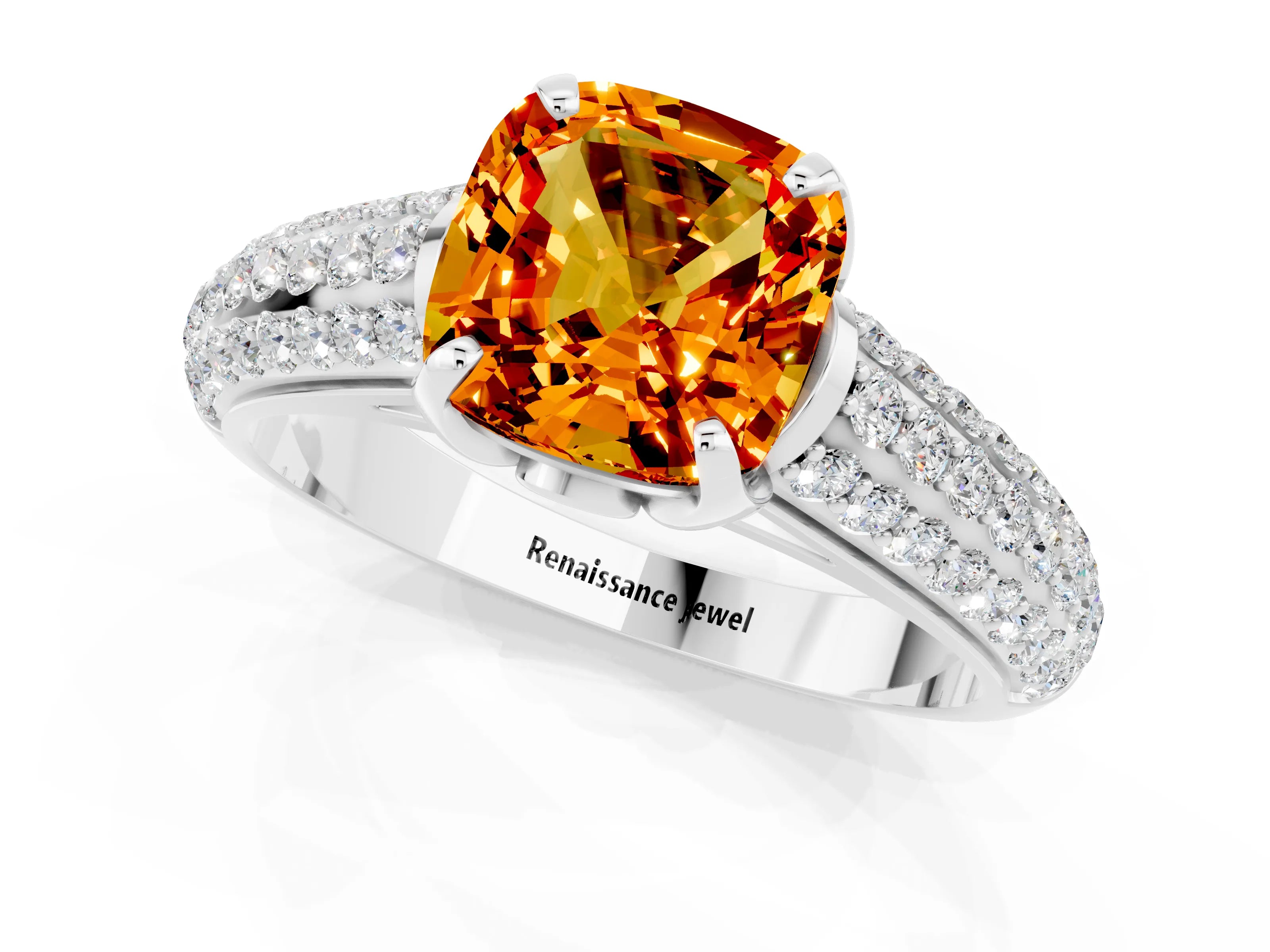 White gold Cushion Cut Citrine Solitaire Ring with Three-Row Pavé Band and Four-Prong Setting_13