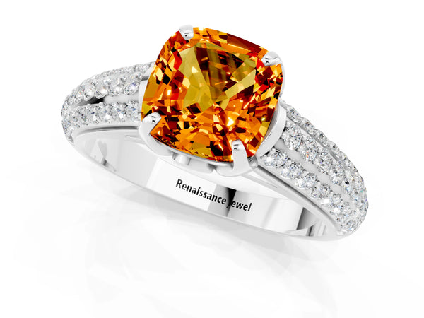 Platinum Cushion Cut Citrine Solitaire Ring with Three-Row Pavé Band and Four-Prong Setting
