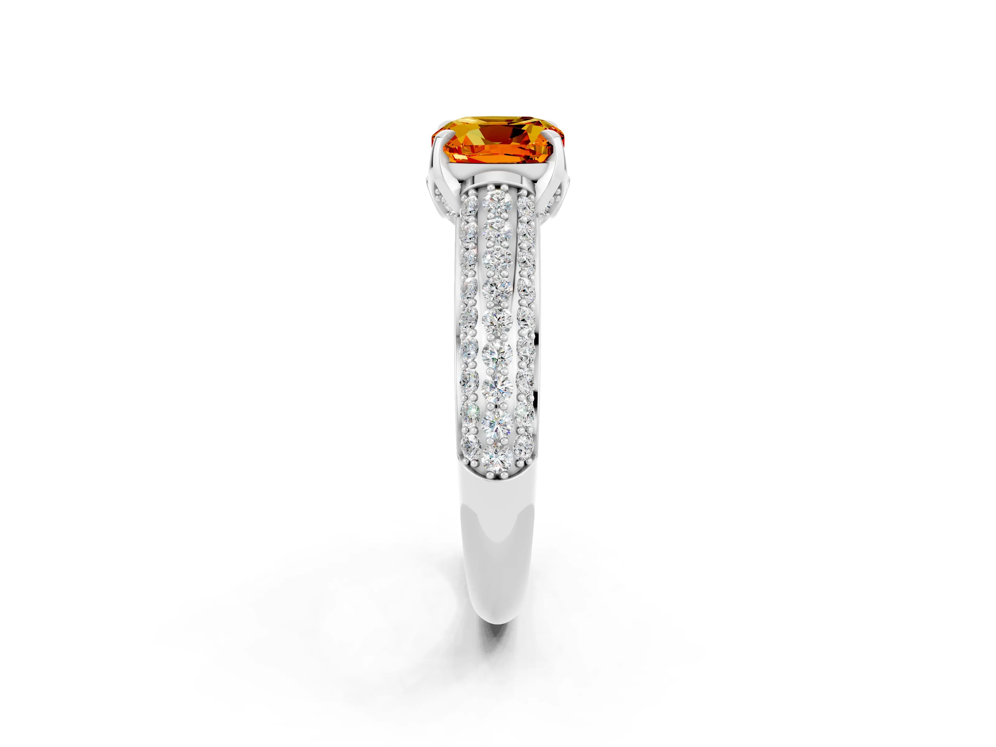 White gold Cushion Cut Citrine Solitaire Ring with Three-Row Pavé Band and Four-Prong Setting_14