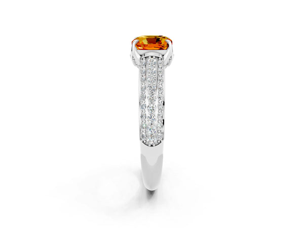 White gold Cushion Cut Citrine Solitaire Ring with Three-Row Pavé Band and Four-Prong Setting