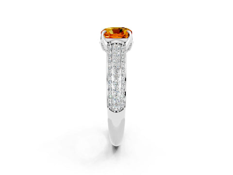 White gold Cushion Cut Citrine Solitaire Ring with Three-Row Pavé Band and Four-Prong Setting_14