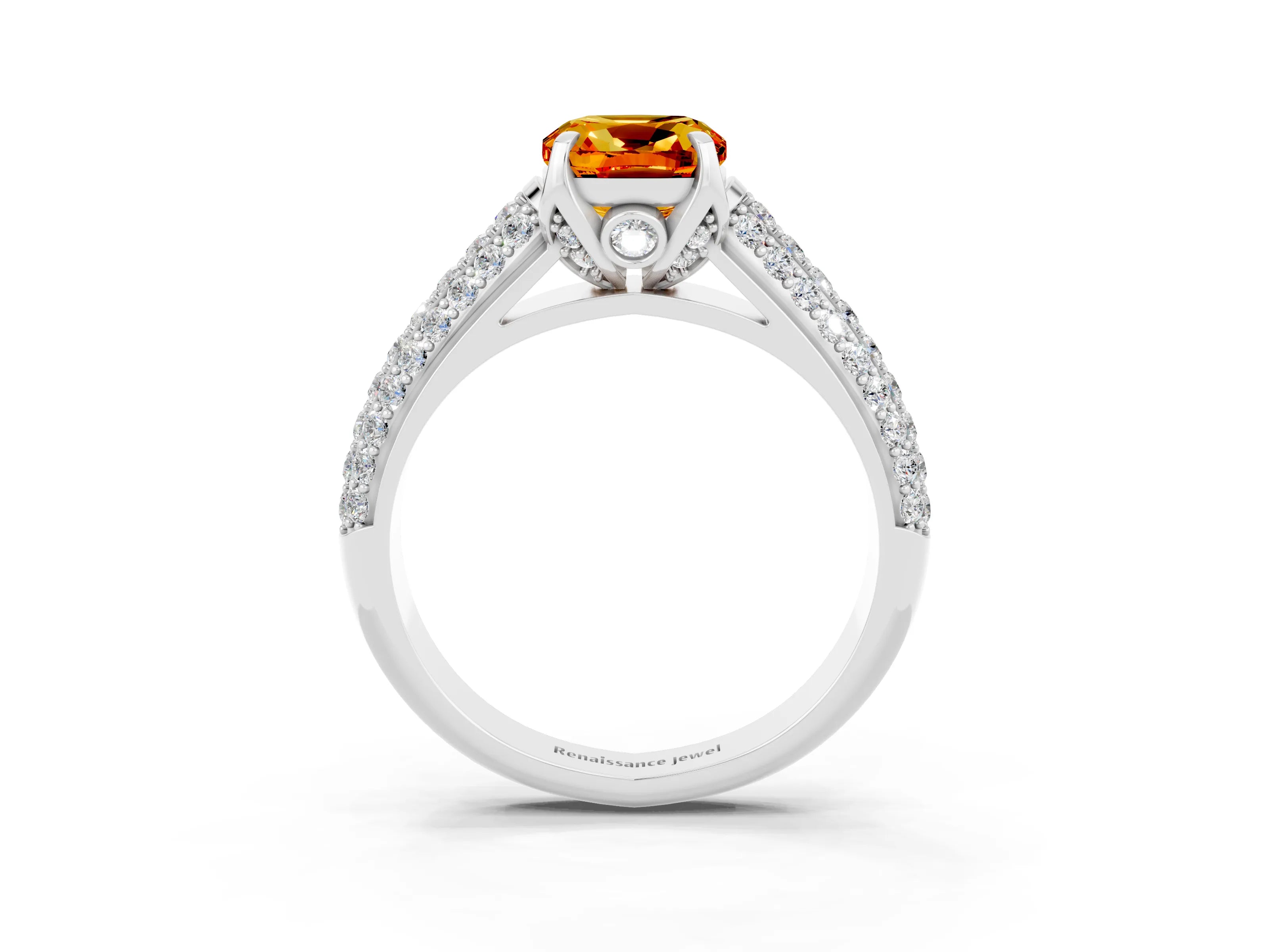 White gold Cushion Cut Citrine Solitaire Ring with Three-Row Pavé Band and Four-Prong Setting_15