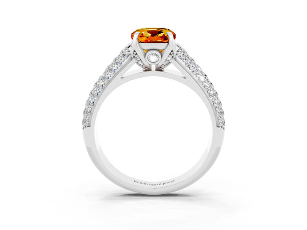 White gold Cushion Cut Citrine Solitaire Ring with Three-Row Pavé Band and Four-Prong Setting