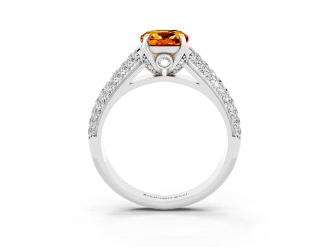 White gold Cushion Cut Citrine Solitaire Ring with Three-Row Pavé Band and Four-Prong Setting_15