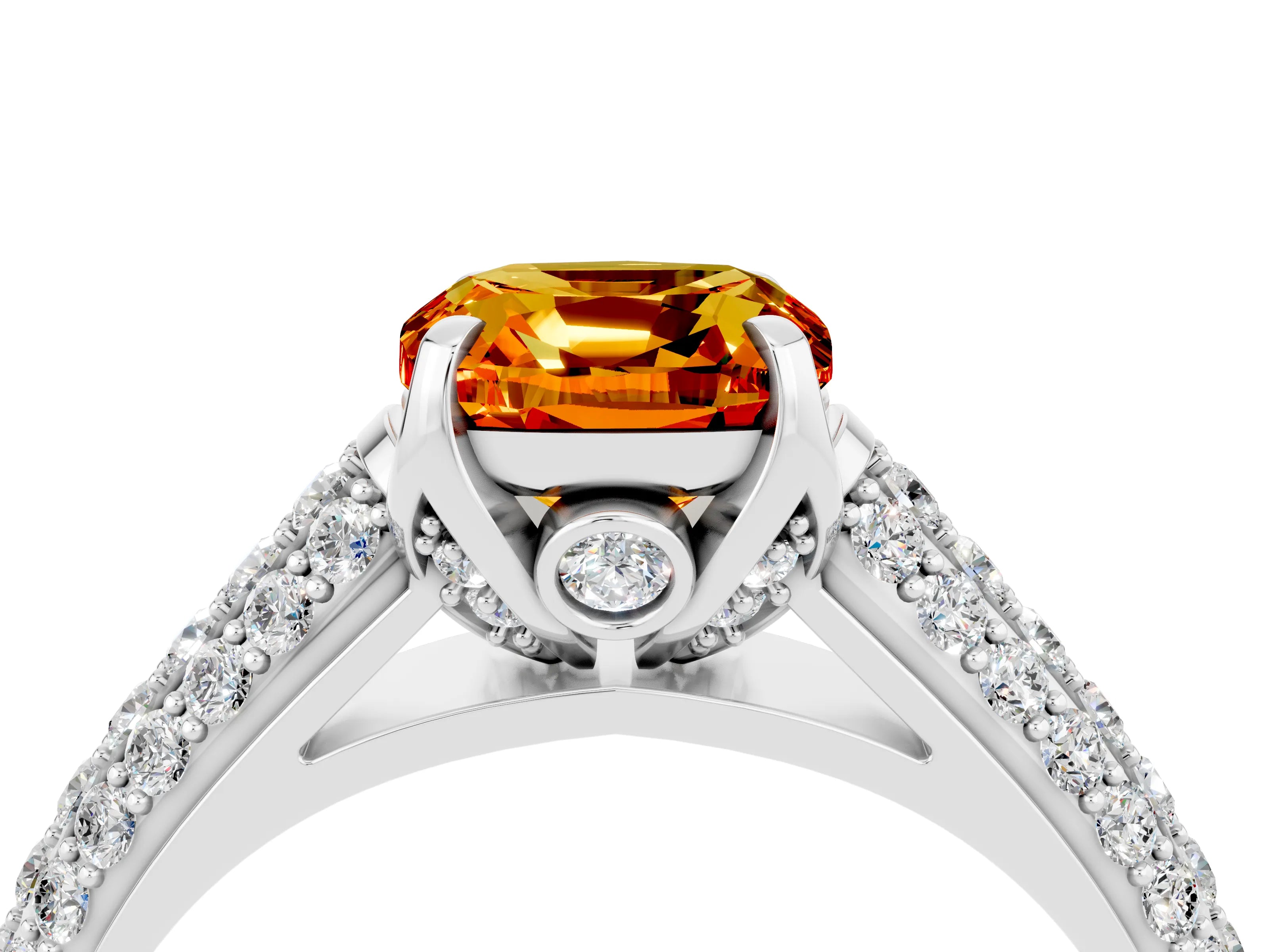 White gold Cushion Cut Citrine Solitaire Ring with Three-Row Pavé Band and Four-Prong Setting_16