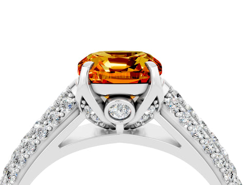 White gold Cushion Cut Citrine Solitaire Ring with Three-Row Pavé Band and Four-Prong Setting_16