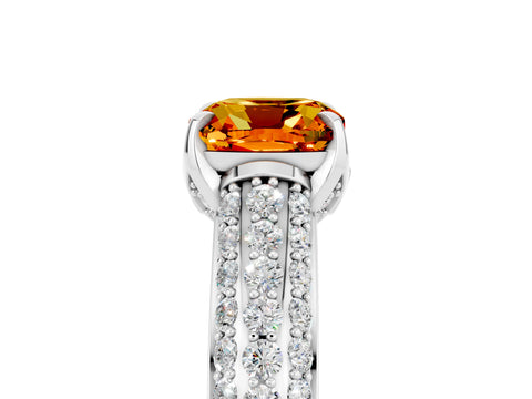 White gold Cushion Cut Citrine Solitaire Ring with Three-Row Pavé Band and Four-Prong Setting_17